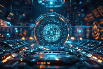 A dynamic digital interface with a central vortex, representing stateoftheart virtual reality interfaces or advanced security systems