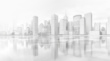 Minimalist wireframe cityscape with iconic buildings, reflecting serenity and modern urban planning