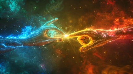 Two Fingers Touching with Bright Spark, Pride Theme, Cinematic Rainbow Background.