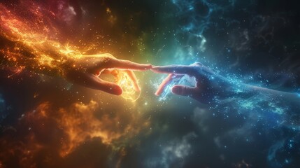 Two Fingers Touching with Bright Spark, Pride Theme, Cinematic Rainbow Background.