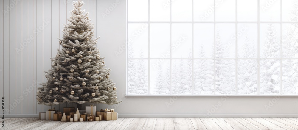 Aufkleber A Christmas tree made of fir placed on a background of white wood with room for additional images or text