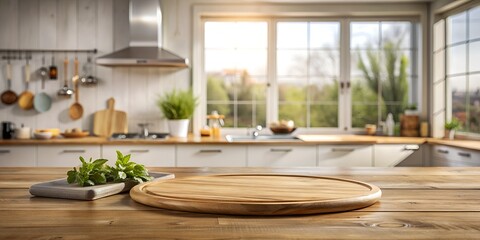 Cutting board on a wooden table as a podium. Kitchen interior and empty wooden tabletop counter with a blurred background for product presentation display, perfect for recipes, tips, family stories.