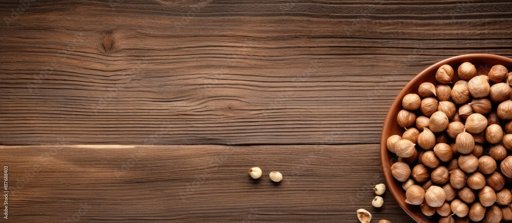 Poster A top down view of a wooden table with a plate holding a stack of hazelnuts creating a visually appealing copy space image