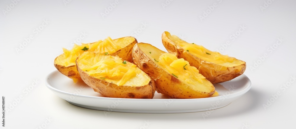 Poster a copy space image of cheezy wedges which are baked potatoes topped with cheese placed on a white ta