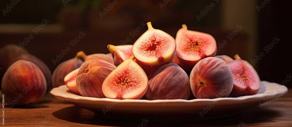 Poster a plate of succulent fig peaches perfectly ripe and enticing set against a food background leaving r