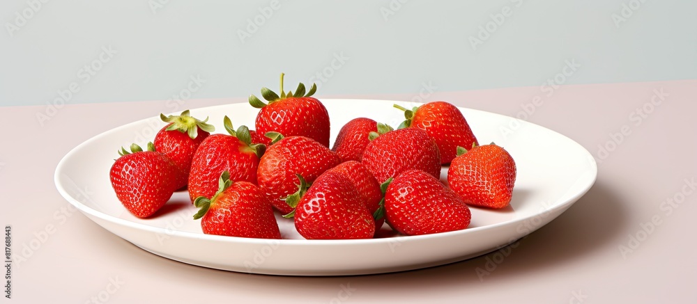 Poster a white plate showcases vibrant red strawberries on a backdrop of white with ample copy space for cu