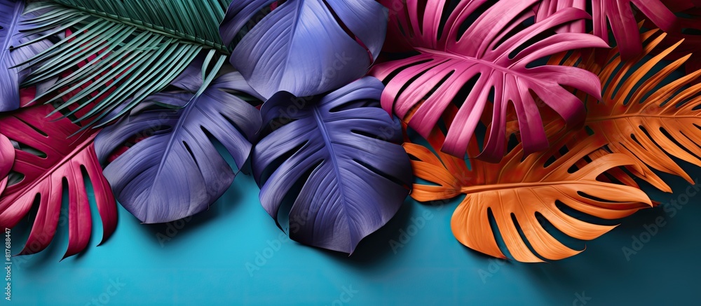 Leinwandbilder colorful background with paper tropical leaves creating a visually appealing copy space image