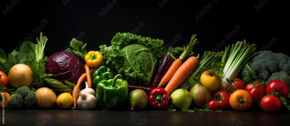 Poster a close up copy space image of vegetables arranged on a dark background