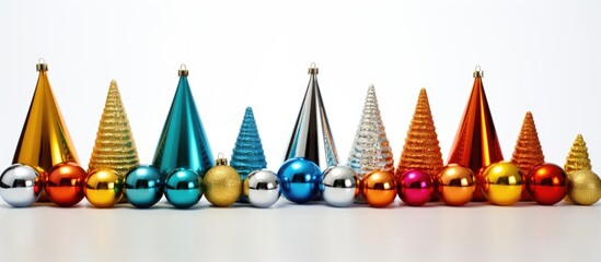 Obraz premium A cone filled with gleaming Christmas ornaments against a pristine white backdrop allowing for the inclusion of additional content