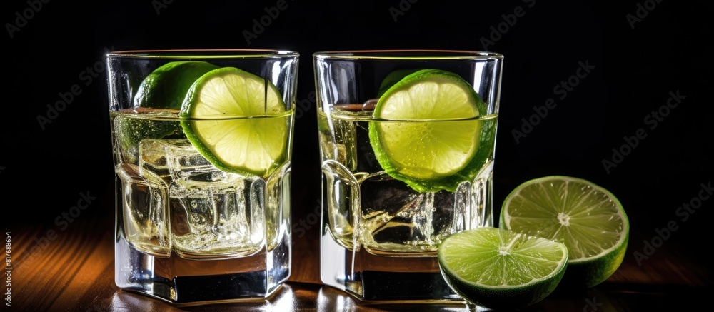 Poster Enjoying tequila shots with lime and a copy space image