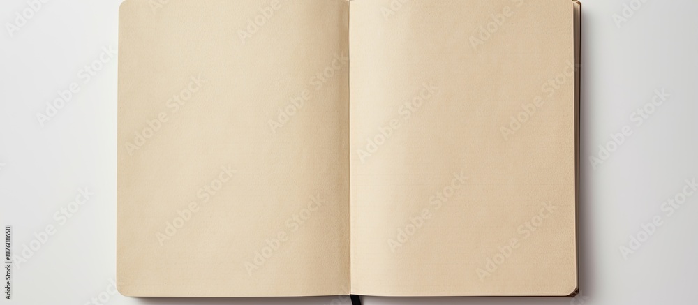 Poster A high angle view of an empty notebook with a recycled paper cover placed on a white background providing ample space for other images