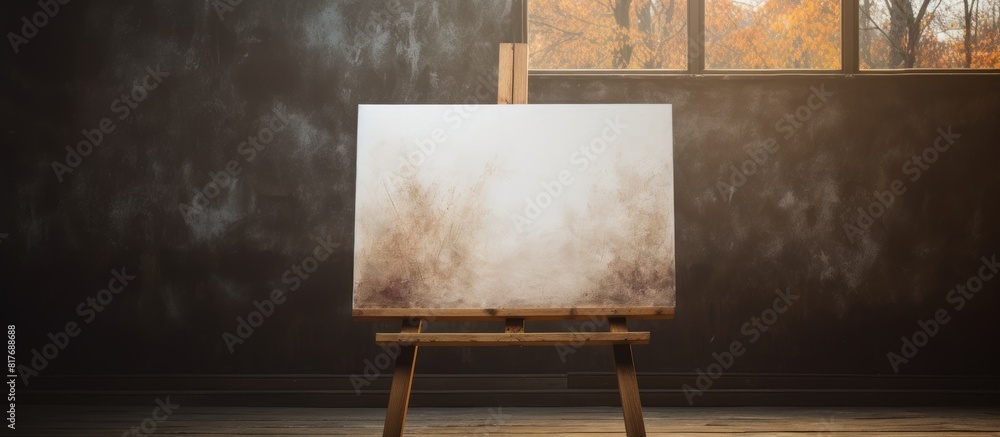 Poster A small canvas rests on an easel placed on a wooden table offering ample room for adding images or text