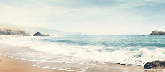 A picturesque beach coastline in a vintage retro style with plenty of copy space for images