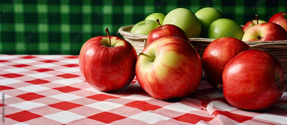 Aufkleber A copy space image of red apples arranged on a checkered napkin atop a table with a backdrop of green and white