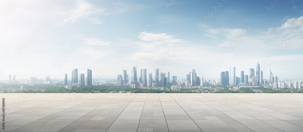 Poster a panoramic view of the city skyline and buildings with a spacious concrete square floor ideal for a