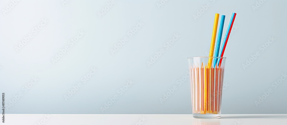Poster A striped straw sits in an empty cup against a white background leaving space for an image. Creative banner. Copyspace image