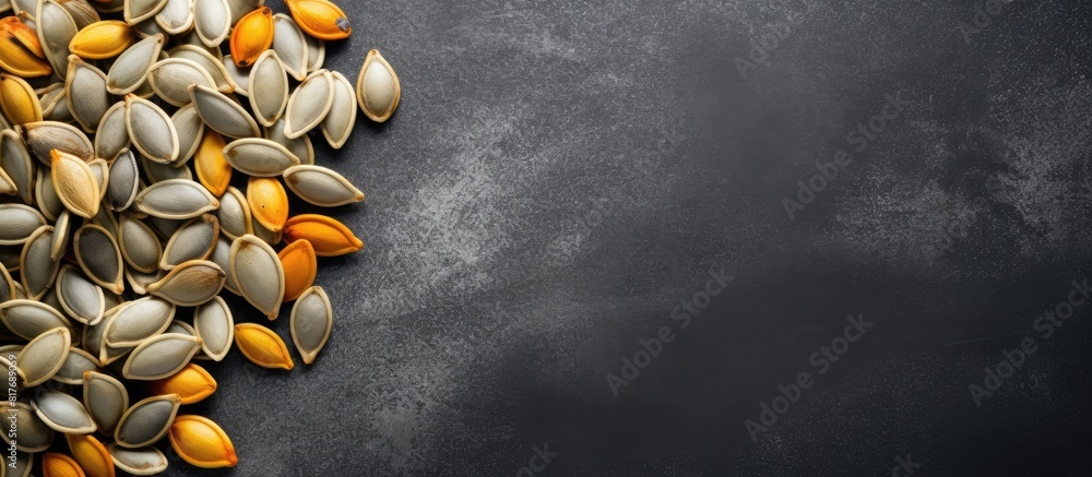 Poster a top view image of pumpkin seeds on a gray concrete background with copy space