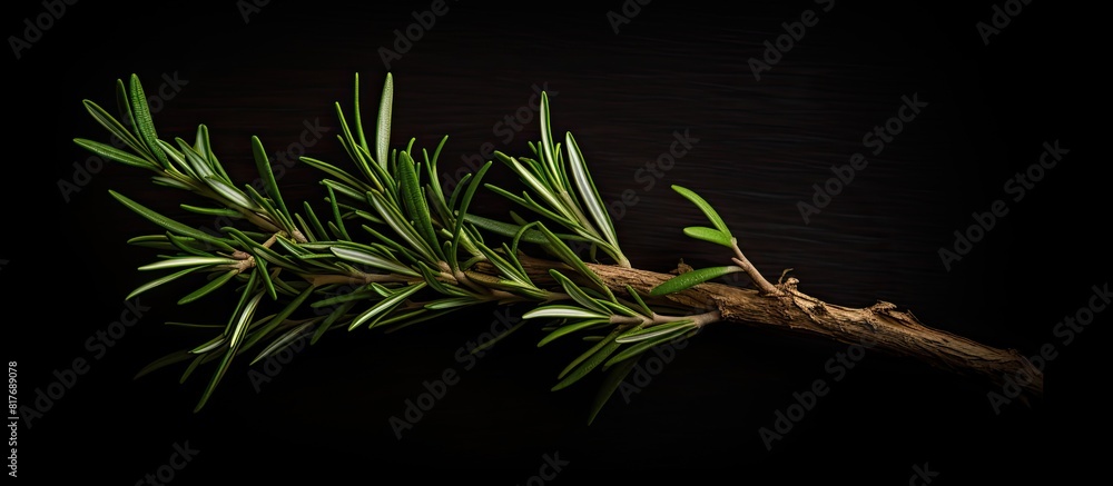 Poster A top view of a sprig of rosemary against a dark background providing ample copy space for additional elements