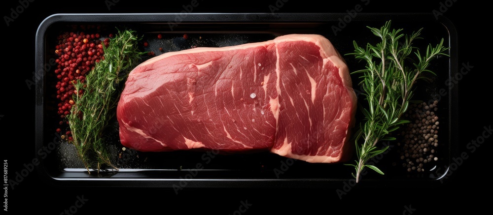 Aufkleber Top view of a butcher tray with a raw Silverside sirloin beef steak placed on a black background There is ample copy space in the image