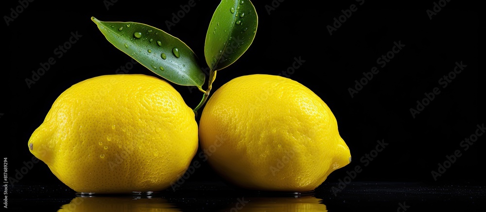 Poster healthy yellow lemon on a black background with copy space image