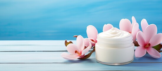 A copy space image featuring a magnolia themed cream cosmetic with pink flowers placed on a blue...