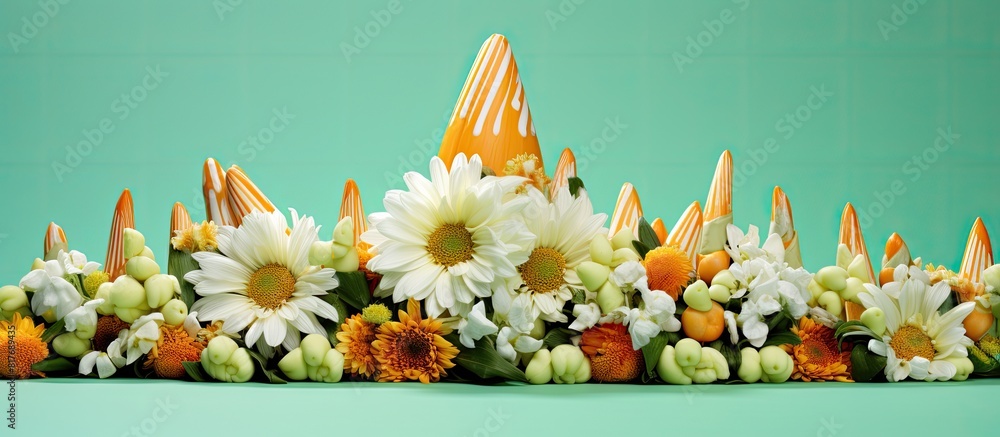 Poster a festive copy space image of easter themed candy corn arranged in vibrant flower patterns against a