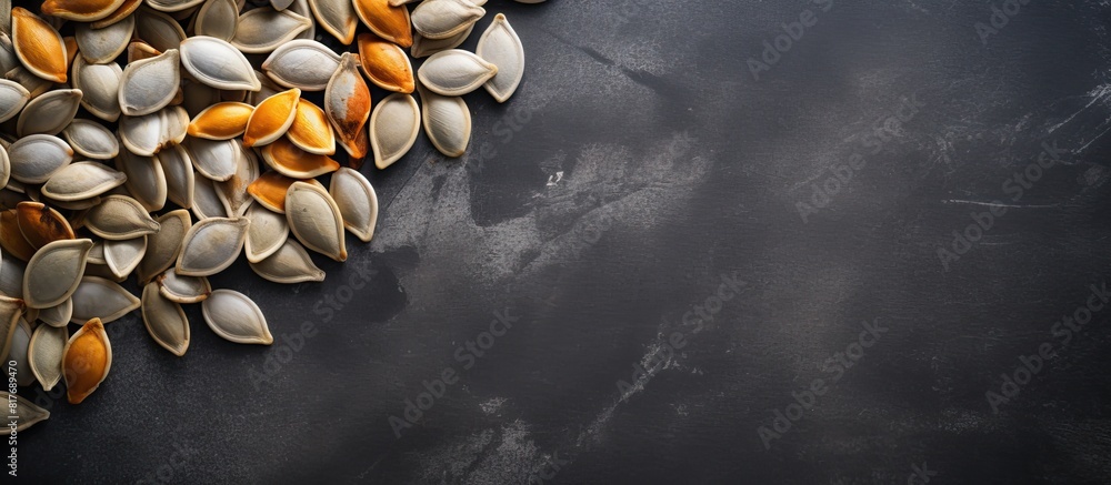 Poster a top view image of pumpkin seeds on a gray concrete background with copy space