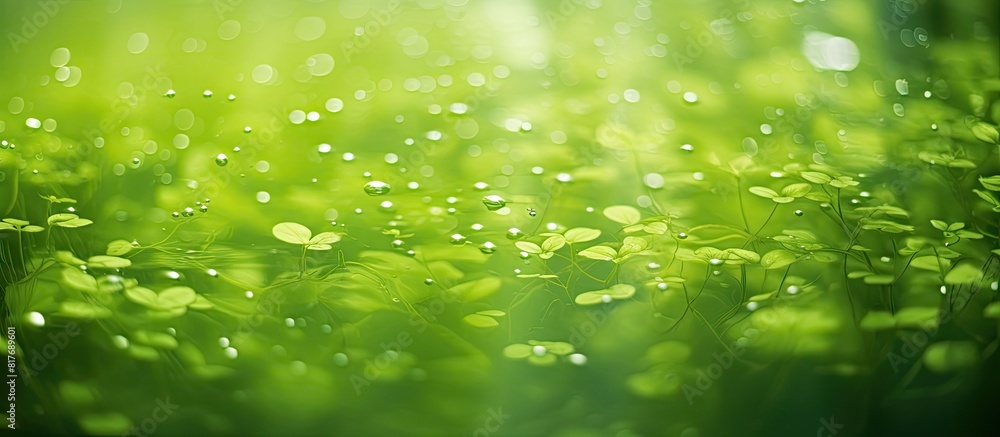 Poster blurred green duckweed on the river creates an abstract textured background perfect for a copy space