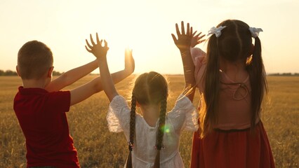 little child kid boy girl stretch their hand sun, ray fingers, vacation travel, childhood and divinity, kids love nature, outdoor family gathering, religious joy outdoors, sunset prayer family, nature