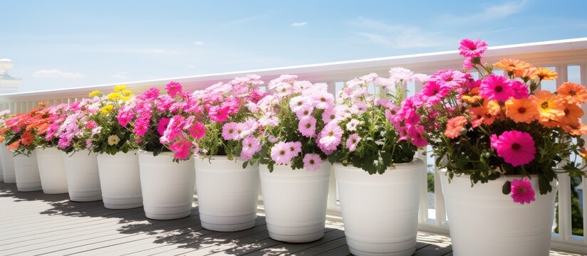 A sunny day in Minnesota showcases colorful flower pots adorning a white balcony railing creating an appealing copy space image