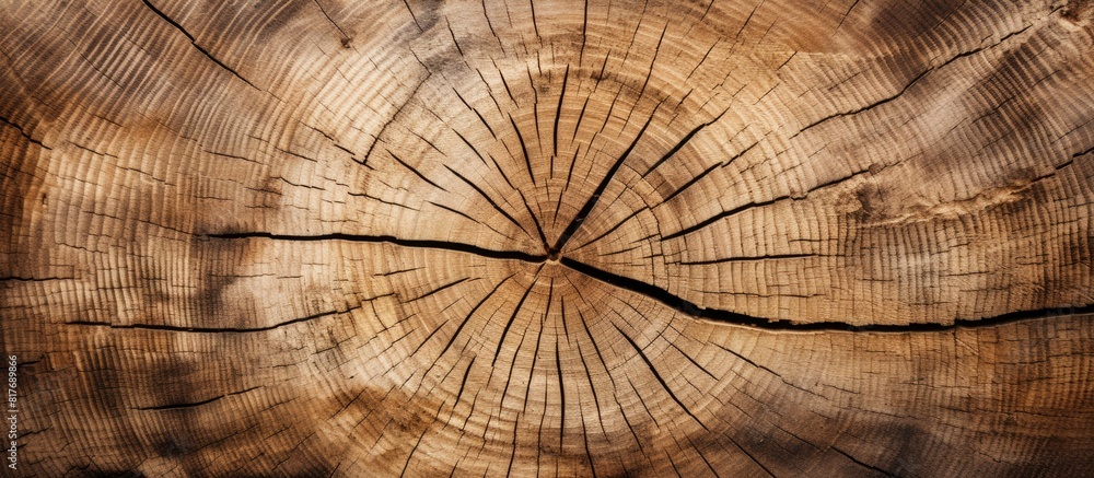 Poster Copy space image of a textured wood stump background slice suitable for design projects and conveys the concept of deforestation
