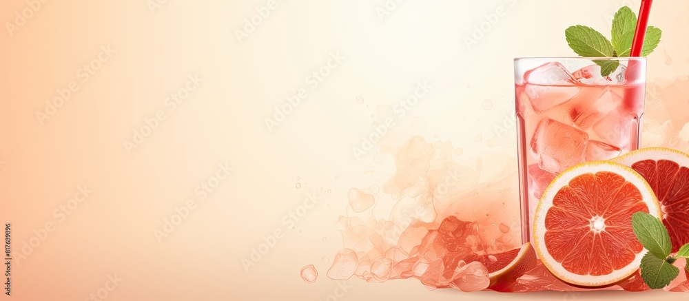 Poster Beige background with a red refreshing drink featuring ice grapefruit and mint Copy space for text or design