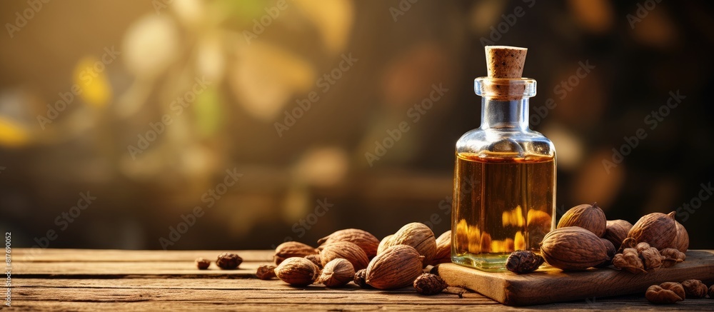 Poster Closeup copy space image of a bottle of nutmeg oil and nuts arranged on a rustic wooden table providing ample room for adding text