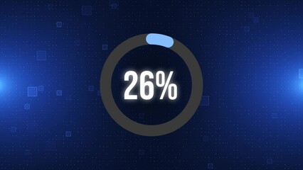 Loading animation - 0-100%, loading bar. Loading neon circles icon. Round progress bar. Abstract digital technology background