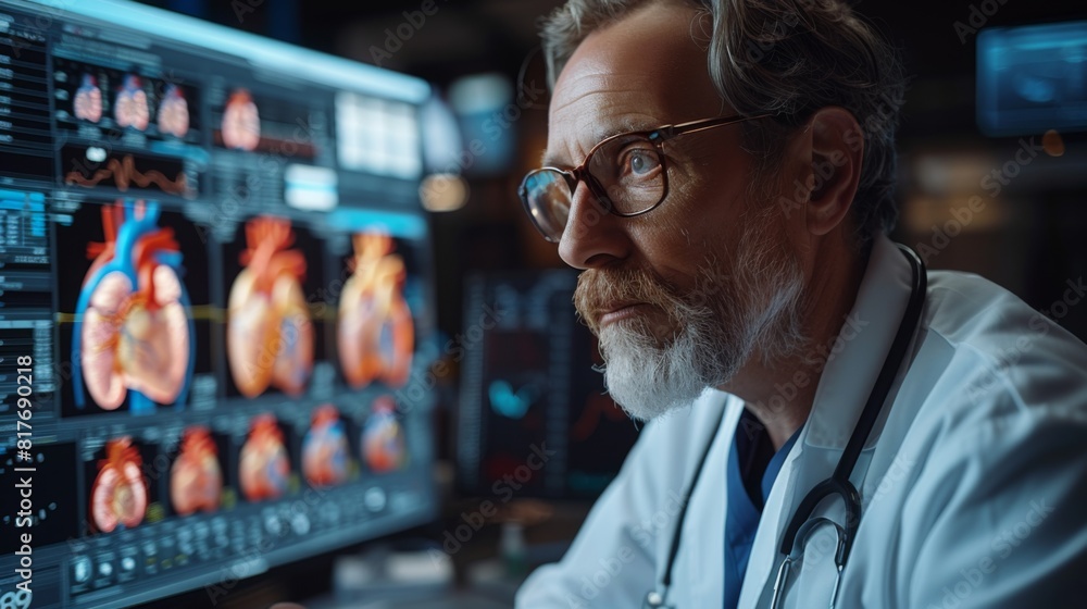 Poster create an image of a cardiologist studying a screen showing