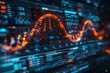 A futuristic digital interface displaying data visualizations and graphs with glowing orange and blue elements