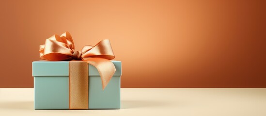 A gift box in beige with an open lid placed on a background of complementary colors with copy space image