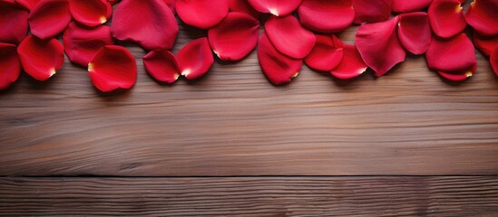 A top down view of red rose petals on a wooden surface creating a visually appealing image with space for additional content - Powered by Adobe