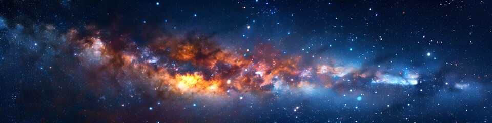 Fototapeta premium Panoramic astrophotography of visible Milky Way galaxy. Stars, nebula and stardust at night sky