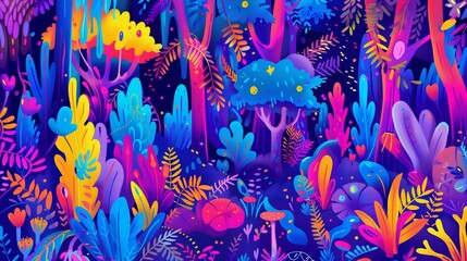 A forest bursting with vibrant colors from a variety of plants and flowers in full bloom