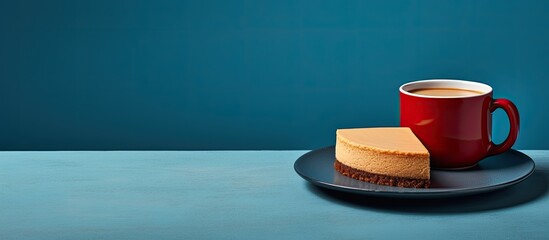 A vintage cup of hot coffee and a cheesecake sit on a blue tray placed on a gray table creating a well composed copy space image