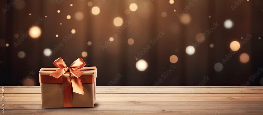 Poster a copy space image featuring a gift box with a bow placed on top of wooden background planks