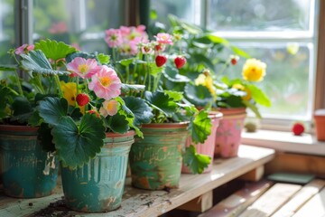 Obraz premium Blooms in DIY strawberry pots in greenhouse