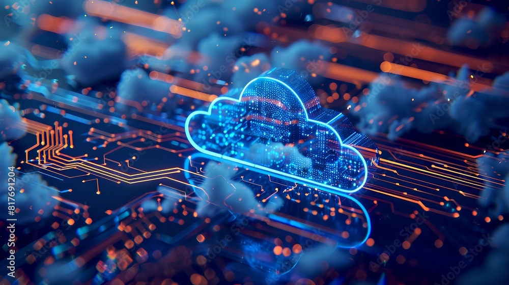 Poster futuristic cloud computing concept on blue circuit board. glowing digital clouds with electronic ele