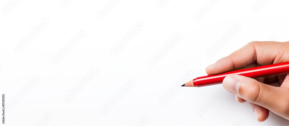 Poster a hand holding a red pen in a copy space image on a white background