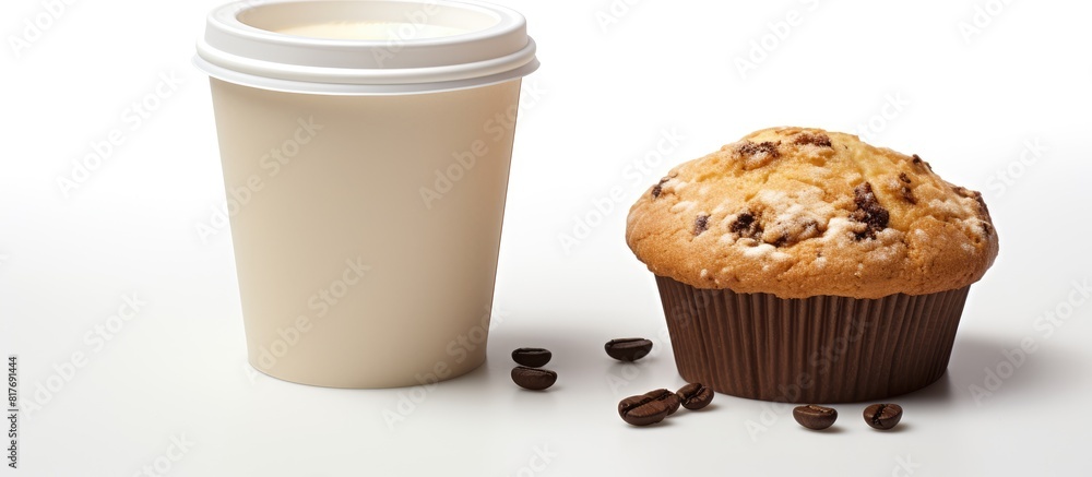 Poster design your own cardboard cup of coffee and muffin with this copy space image on a clean white backg