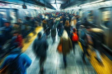 Diverse group of commuters rushing through a bustling subway station, creating a blurred motion effect with their movement