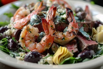 Blue cheese surf and turf salad with rare shrimp steak olives and artichokes