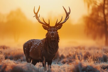 A majestic stag standing proudly in a misty meadow at sunrise, with dew glistening on its antlers