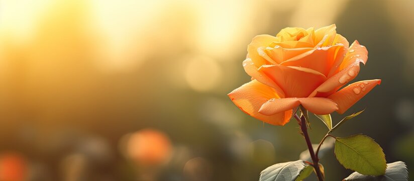 In the spring season there is a stunning orange rose with sun light in the background creating a beautiful image with ample copy space